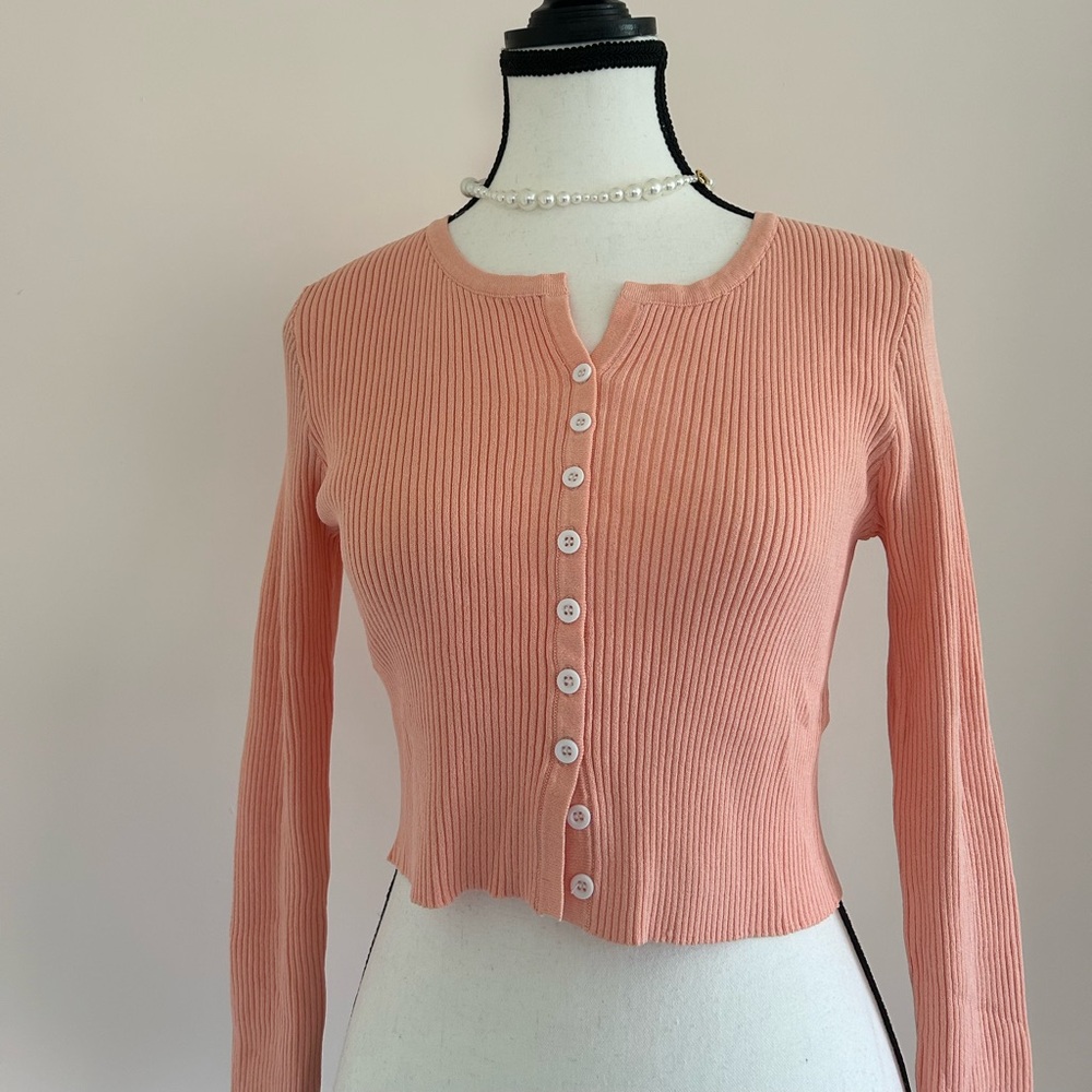 Peach Ribbed Button-Down Cropped Cardigan - Picture 2 of 9